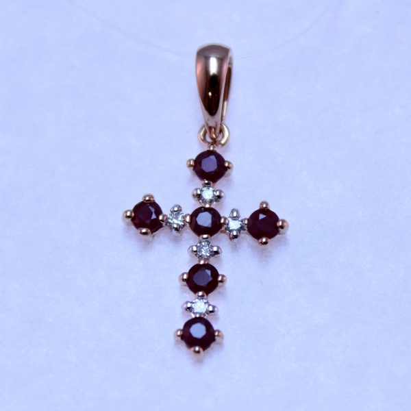 Декоративный крестик из красного золота с рубинами и бриллиантами